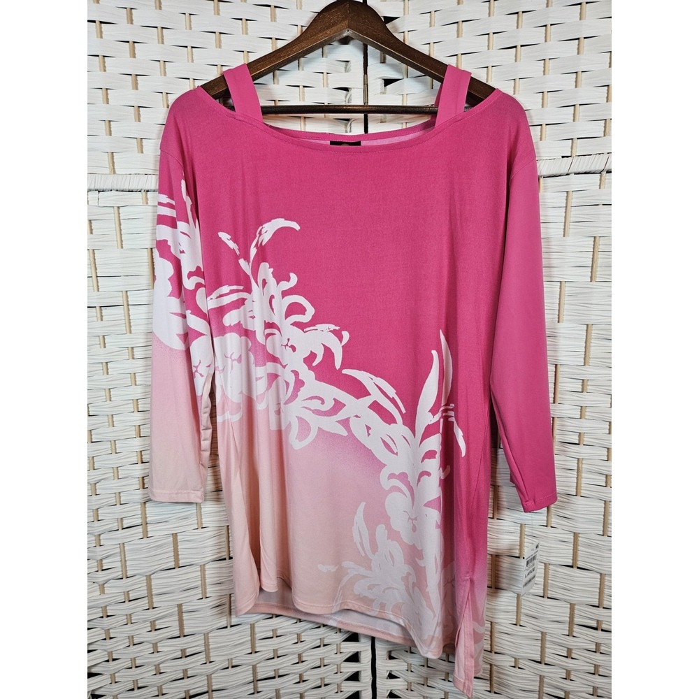JM Collection Top Womens L Asymetric Hem Pink Floral Print Tunic Cold Shoulder - Picture 1 of 9
